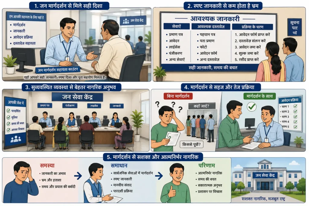सार्वजनिक सेवाओं में मार्गदर्शन को दर्शाता चित्र, जिसमें जन सेवा केंद्र में नागरिकों को जानकारी, सहायता और स्पष्ट प्रक्रिया प्रदान की जा रही है।