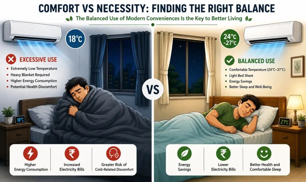 Comparison between excessive air conditioning at 18 degrees Celsius and balanced air conditioning at 27 degrees Celsius