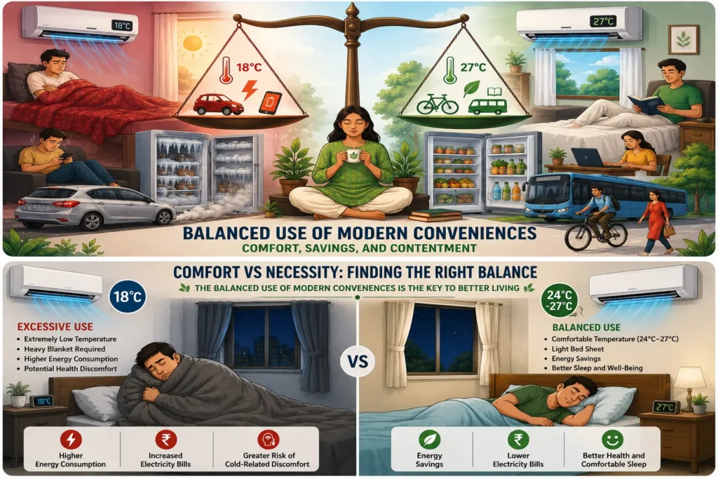 Illustration showing balanced use of air conditioning, transportation, refrigeration, and digital devices in everyday life