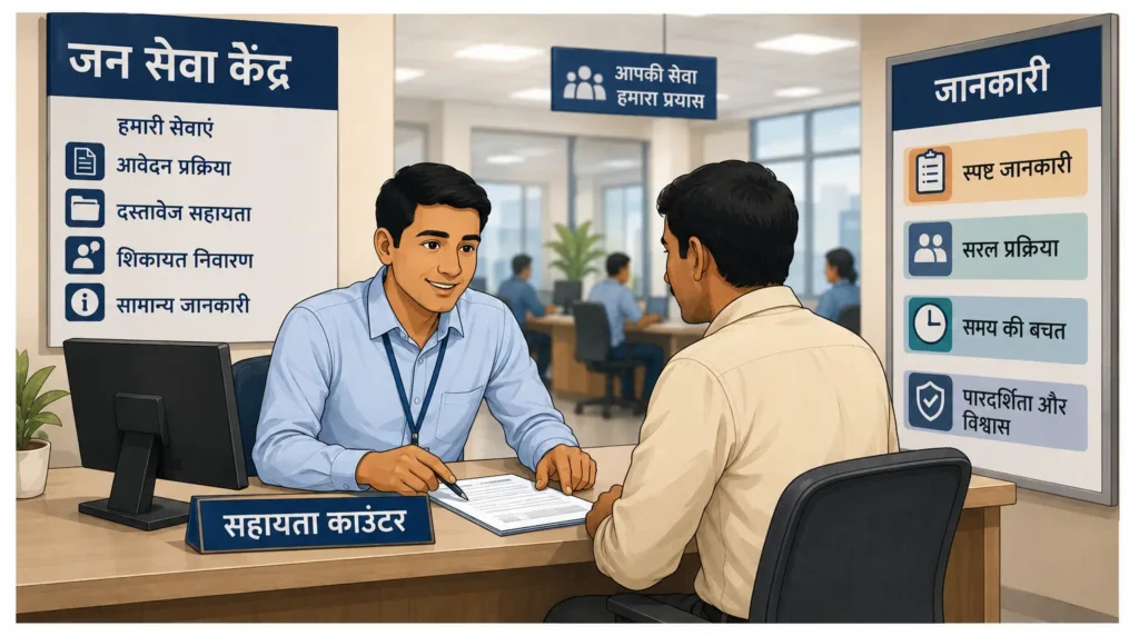 जन मार्गदर्शन सहायता काउंटर पर नागरिक को सरकारी प्रक्रिया की जानकारी देता कर्मचारी
