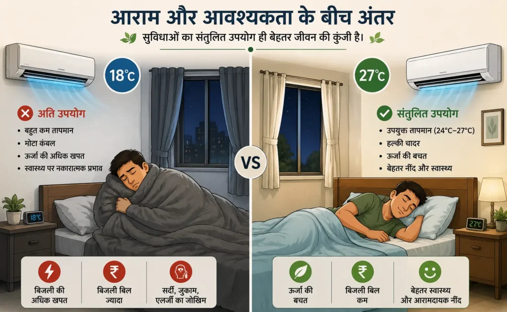 एसी के संतुलित उपयोग और अति उपयोग के बीच अंतर दर्शाता चित्र