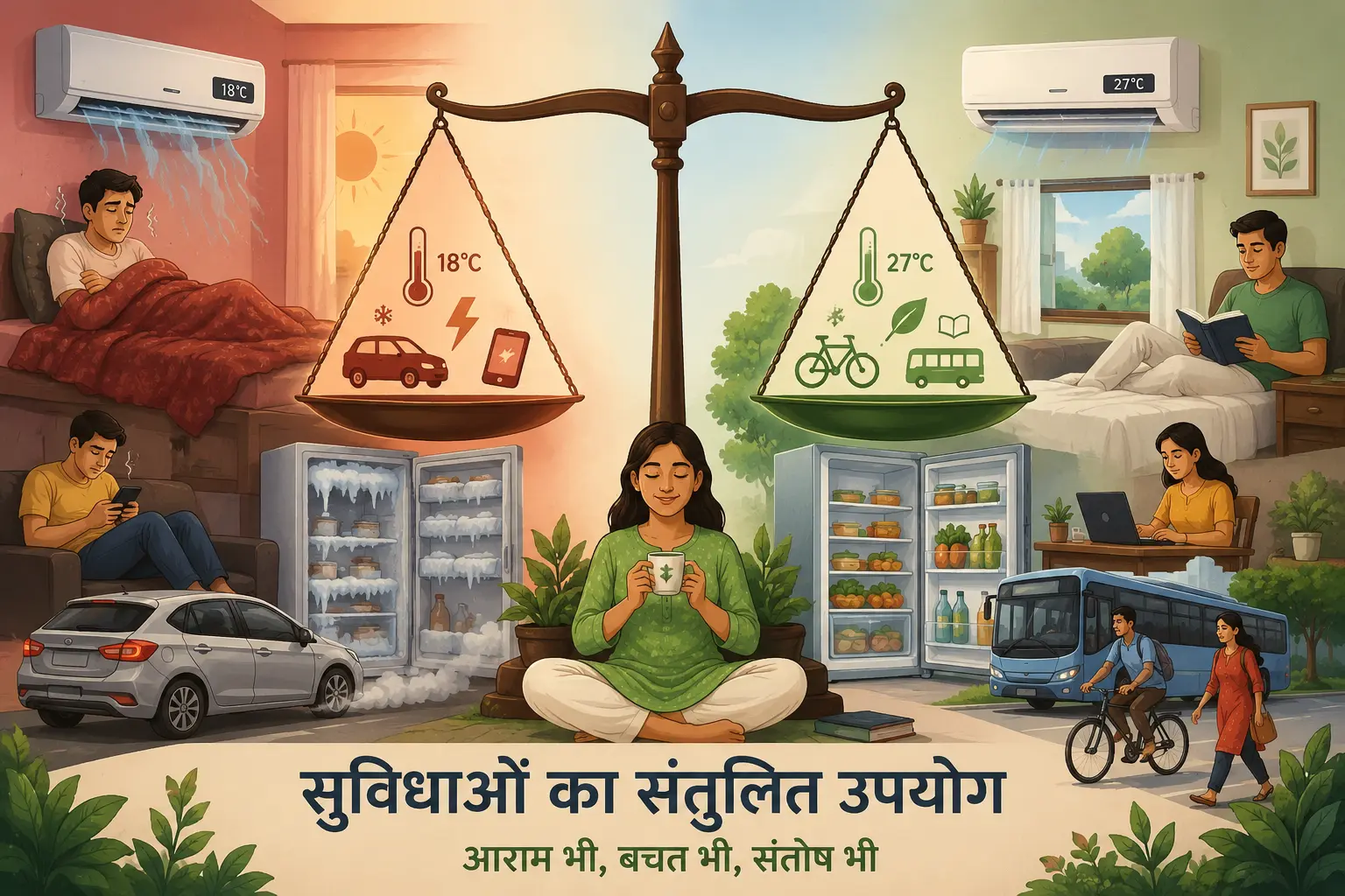 सुविधाओं का संतुलित उपयोग दर्शाता चित्र जिसमें एसी, फ्रिज, परिवहन और स्क्रीन समय के संतुलित उपयोग को दिखाया गया है